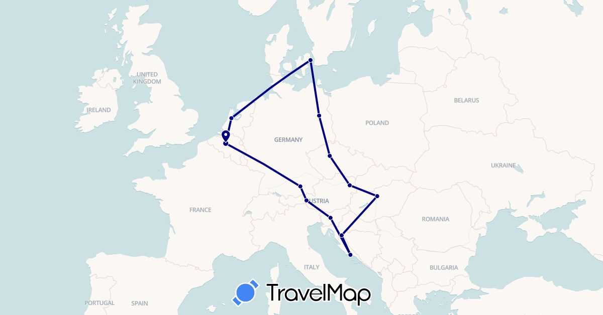 TravelMap itinerary: driving in Austria, Belgium, Czech Republic, Germany, Denmark, Croatia, Hungary, Netherlands, Slovenia (Europe)